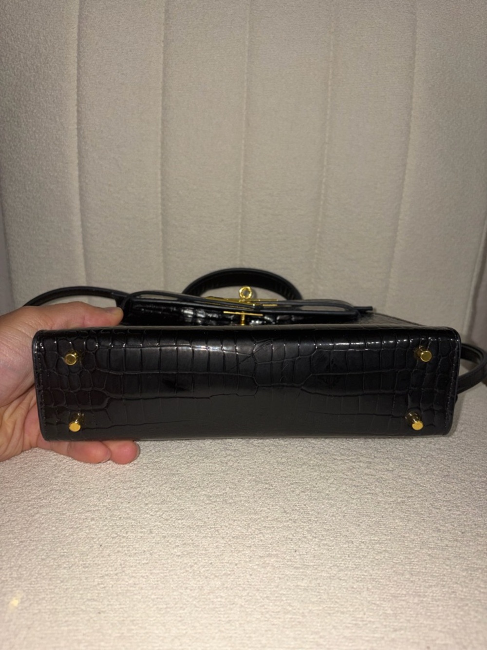 Black Croc Embossed Mini Top Handle Bag - Structured Kelly Style Gold Hardware - Picture 2 of 8